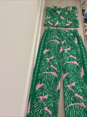 Lilly Pulitzer Green and Pink Wide-Leg Pants with Matching Top